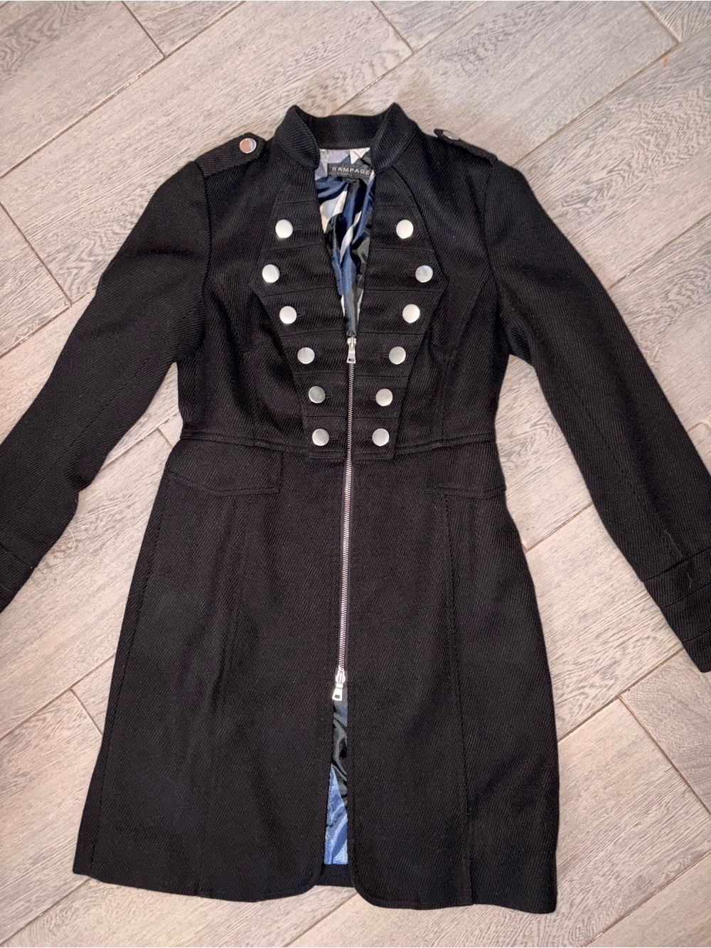 Rampage Black Military Style Long Coat Silver Button Structured Jacket Small - Picture 6 of 9